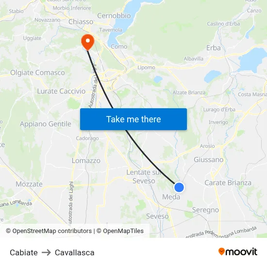 Cabiate to Cavallasca map
