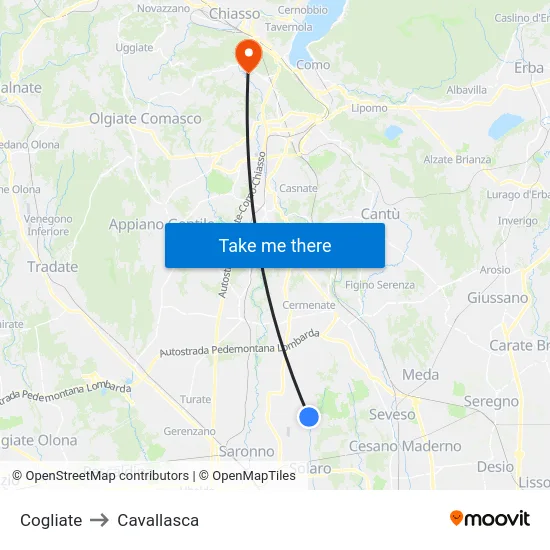 Cogliate to Cavallasca map
