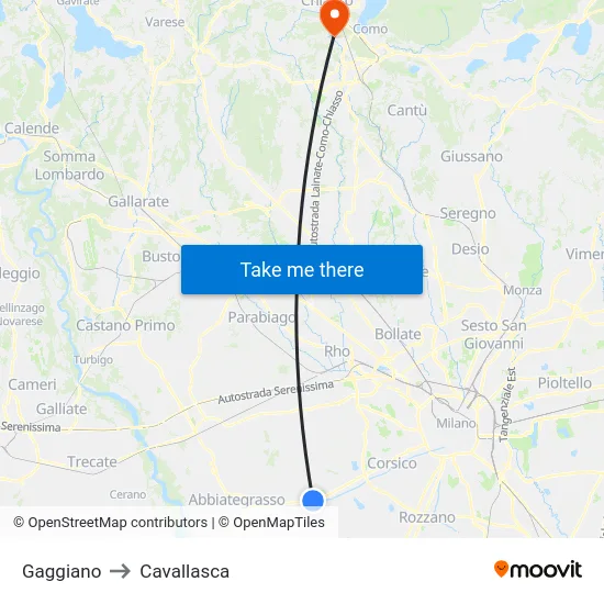 Gaggiano to Cavallasca map
