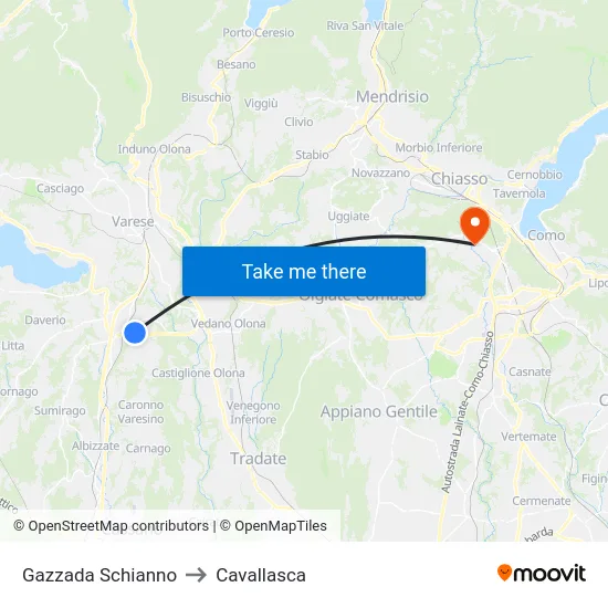 Gazzada Schianno to Cavallasca map