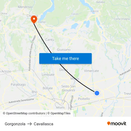 Gorgonzola to Cavallasca map