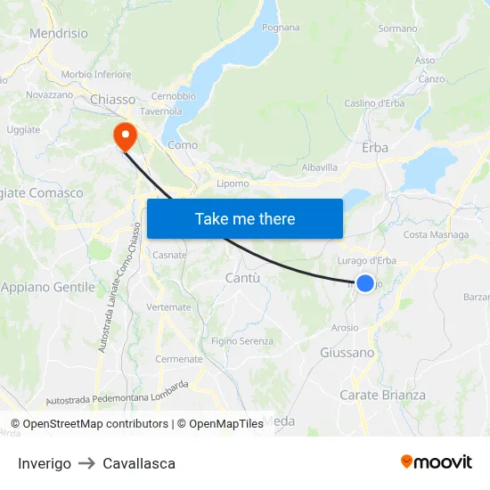 Inverigo to Cavallasca map