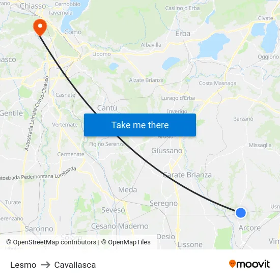 Lesmo to Cavallasca map