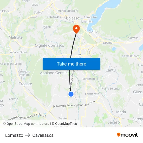 Lomazzo to Cavallasca map