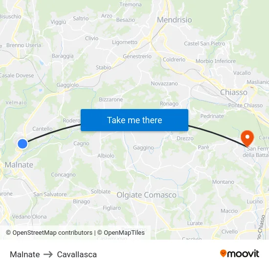 Malnate to Cavallasca map