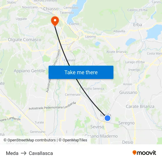 Meda to Cavallasca map