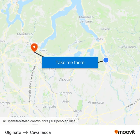 Olginate to Cavallasca map