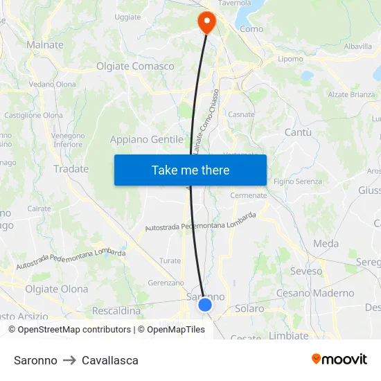 Saronno to Cavallasca map