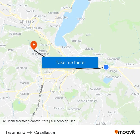 Tavernerio to Cavallasca map