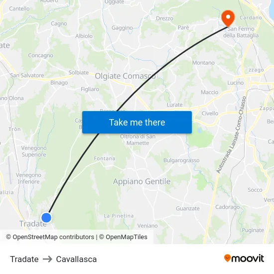 Tradate to Cavallasca map
