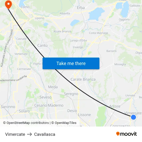 Vimercate to Cavallasca map