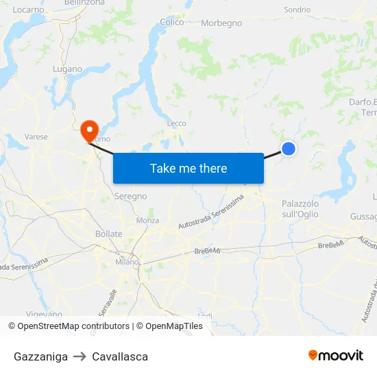 Gazzaniga to Cavallasca map