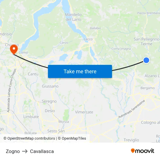 Zogno to Cavallasca map