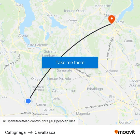 Caltignaga to Cavallasca map