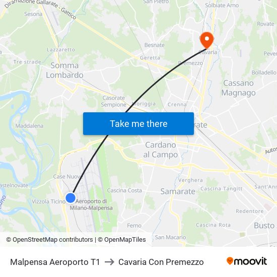 Malpensa Aeroporto T1 to Cavaria Con Premezzo map