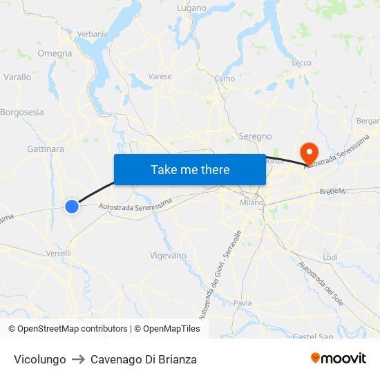 Vicolungo to Cavenago Di Brianza map