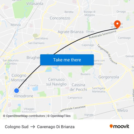 Cologno Sud to Cavenago Di Brianza map