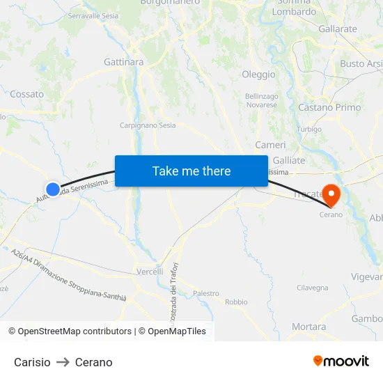 Carisio to Cerano map