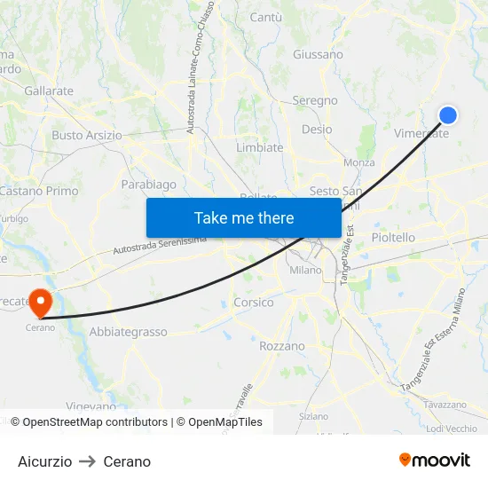 Aicurzio to Cerano map