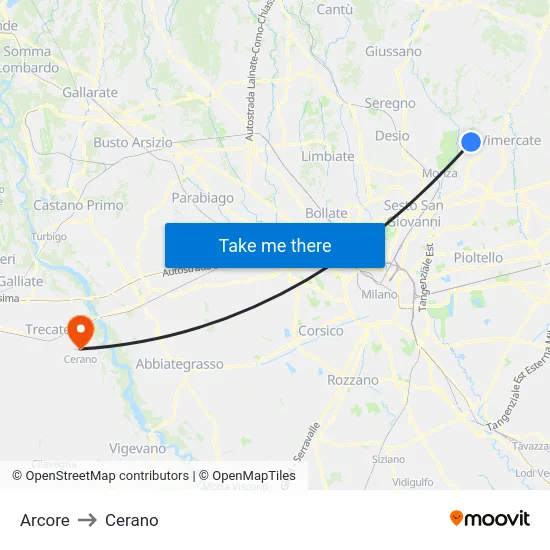 Arcore to Cerano map