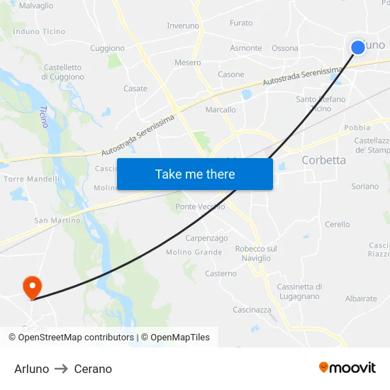 Arluno to Cerano map