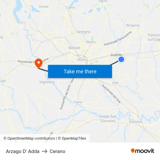 Arzago d'Adda to Cerano map