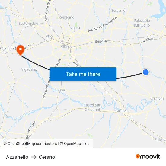 Azzanello to Cerano map