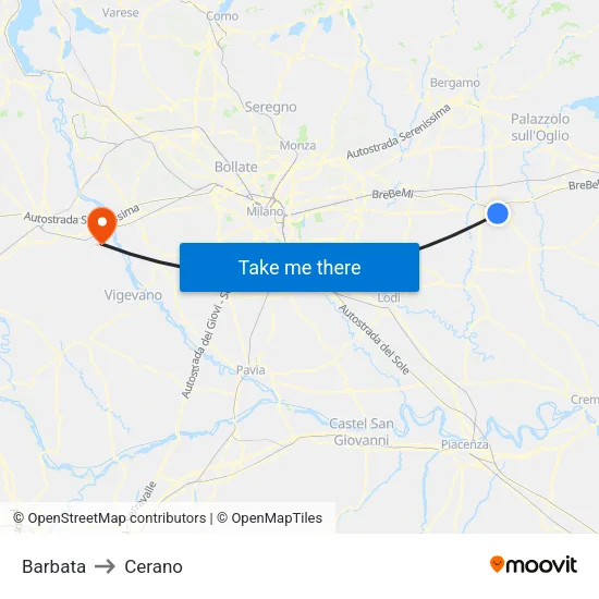 Barbata to Cerano map