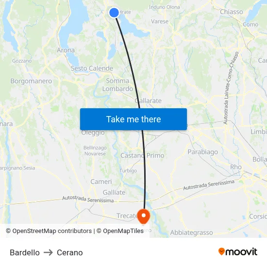 Bardello to Cerano map