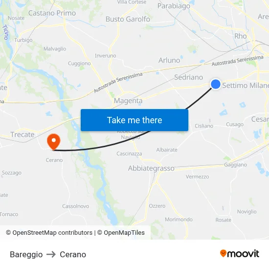 Bareggio to Cerano map