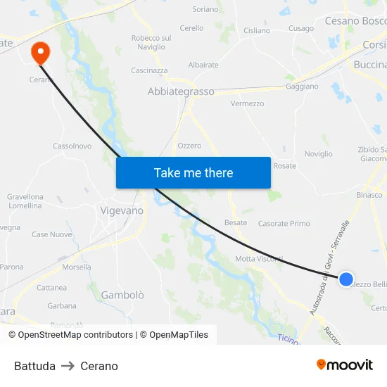 Battuda to Cerano map