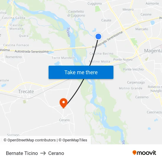 Bernate Ticino to Cerano map