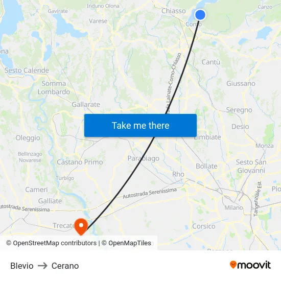 Blevio to Cerano map