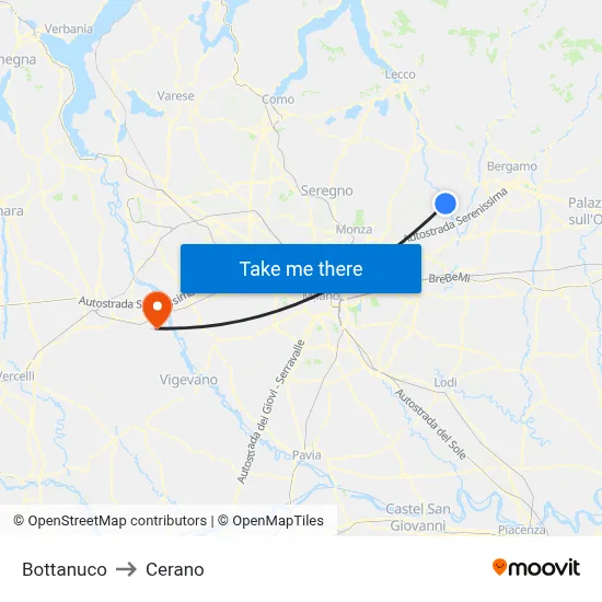 Bottanuco to Cerano map
