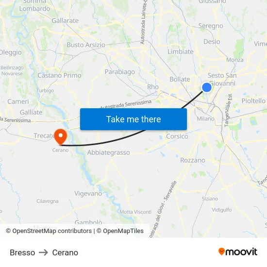 Bresso to Cerano map