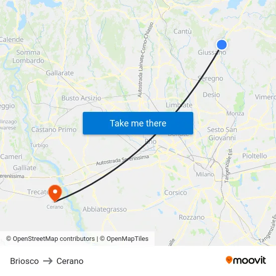 Briosco to Cerano map