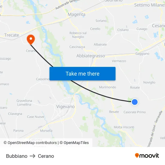 Bubbiano to Cerano map