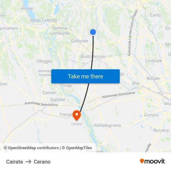 Cairate to Cerano map