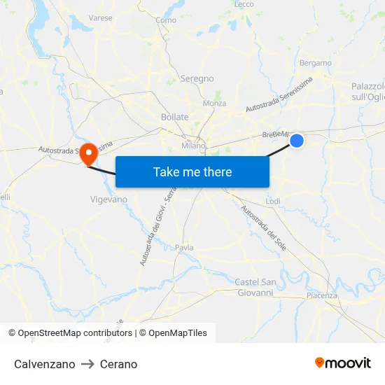 Calvenzano to Cerano map