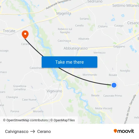Calvignasco to Cerano map