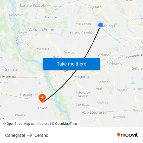 Canegrate to Cerano map