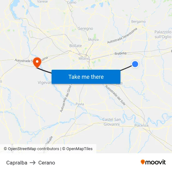Capralba to Cerano map
