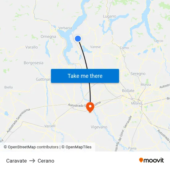 Caravate to Cerano map