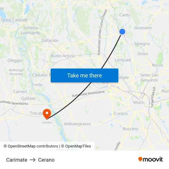Carimate to Cerano map
