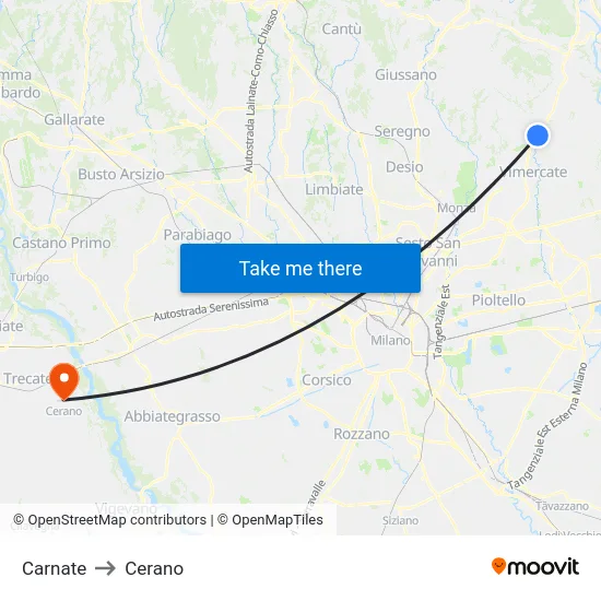 Carnate to Cerano map