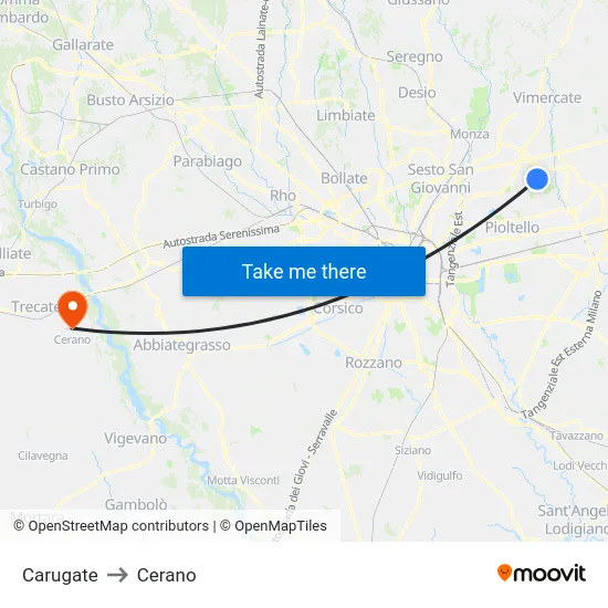 Carugate to Cerano map