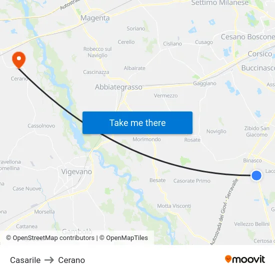 Casarile to Cerano map