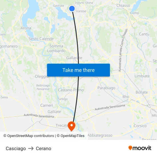 Casciago to Cerano map