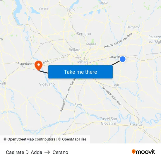 Casirate D' Adda to Cerano map
