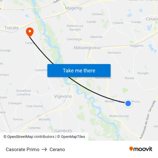 Casorate Primo to Cerano map